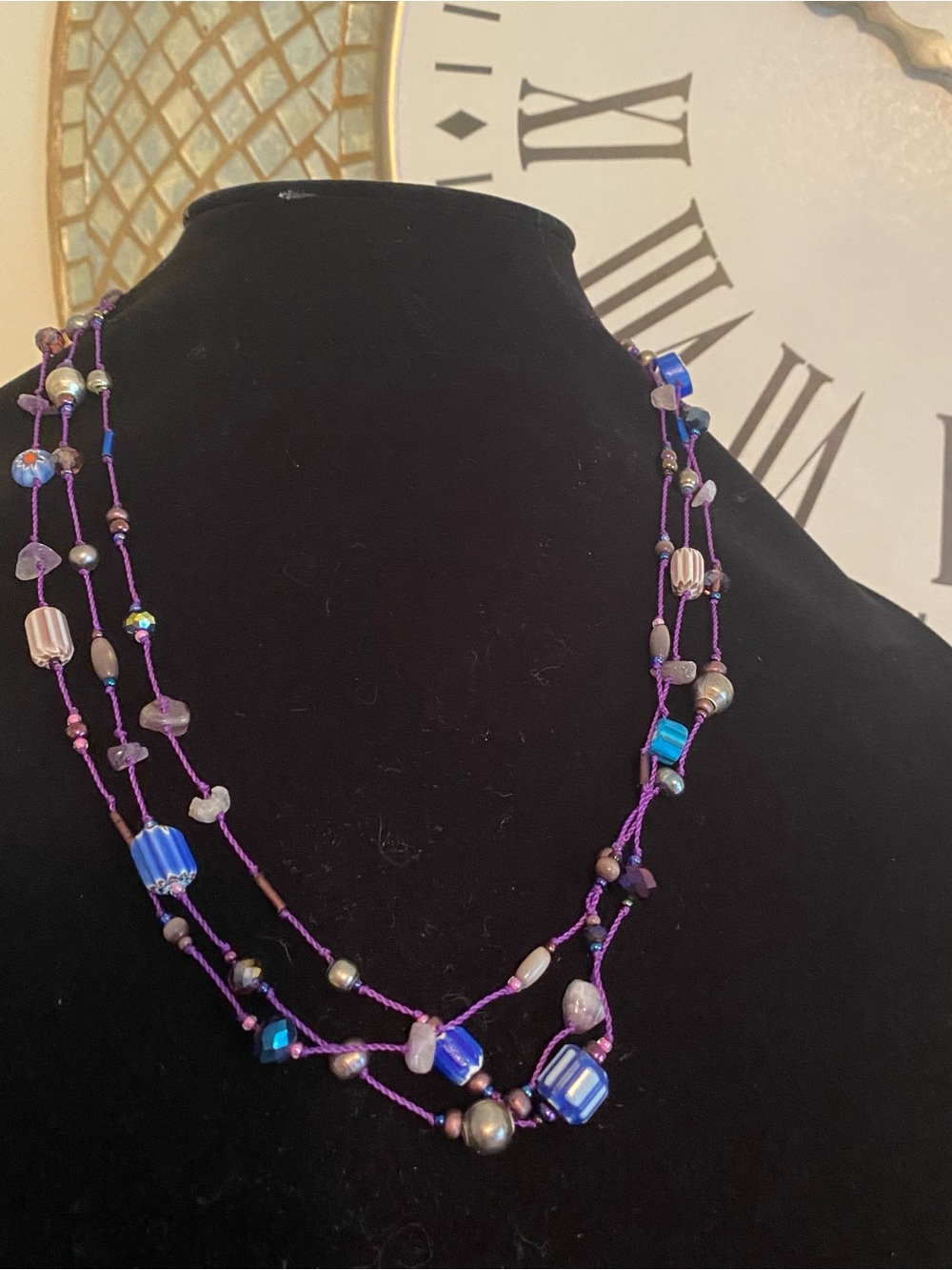 Purple Multi-Strand Beaded Necklace with Blue Accents